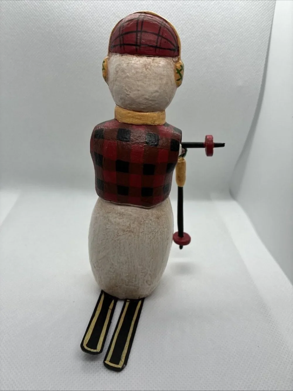 Handmade Wooden Snowman Skier Figurine Rustic Winter Christmas Decor Folk Art